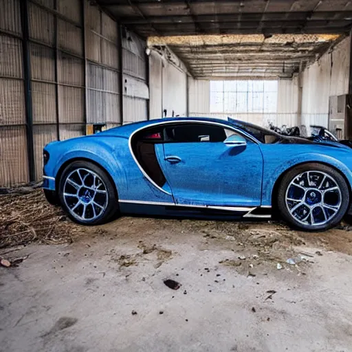 Image similar to an abandoned, derelict, ( really rusty ) bugatti chiron in a dirty warehouse