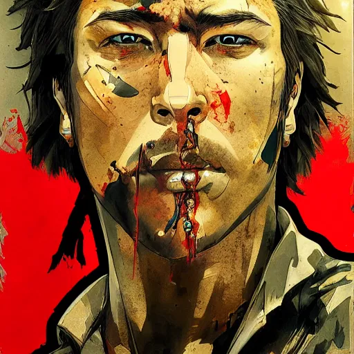 Image similar to portrait of a hero holding his gun in front of his face by yoji shinkawa, high quality, extra details, realism, ornate, colored, golden chain, blood, white skin, short hair, brown eyes, vivid, sunlight, dynamic, american man, freedom, white american soldier, painting