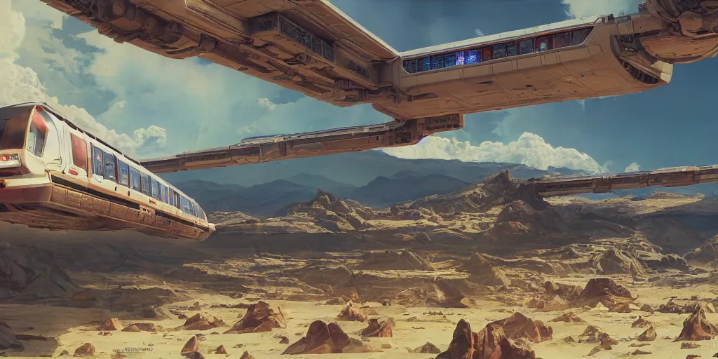 Prompt: concept art monorail shonan in martian landscape, brutalism, colorful, syd mead, norman rockwell, 4 k resolution, octane render, intricate, ultra detailed, volumetric lighting, cinematic lighting + masterpiece