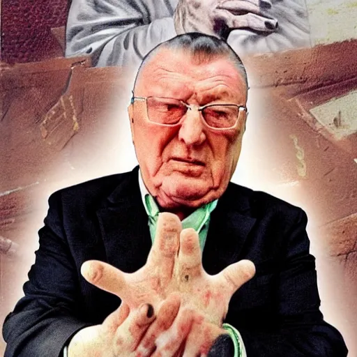 Prompt: zhirinovsky goes to hell and rips off the hands of sinners in hyper - realistic style