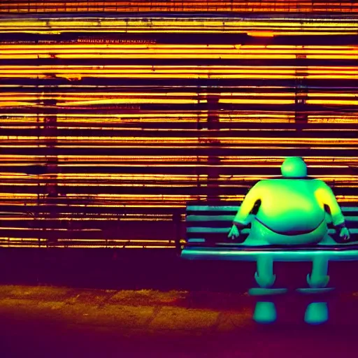 Image similar to vintage phto of a fat robot sitting alone in a streetbench, diezelpunk, cyberpunk, stray, neon lights