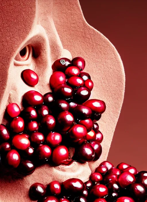 Image similar to bryan cranston cranberries spilling from mouth, cranberry helmet, studio light, bloom, detailed face, magazine, press, photo, steve mccurry, david lazar, canon, nikon, focus