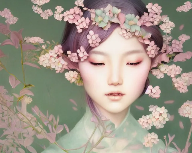 Image similar to highly detailed pastel colors of an ethereal asian beauty morphing gradually into flowers, by artgerm and hsiao - ron cheng, smooth composition, fine patterns and detail