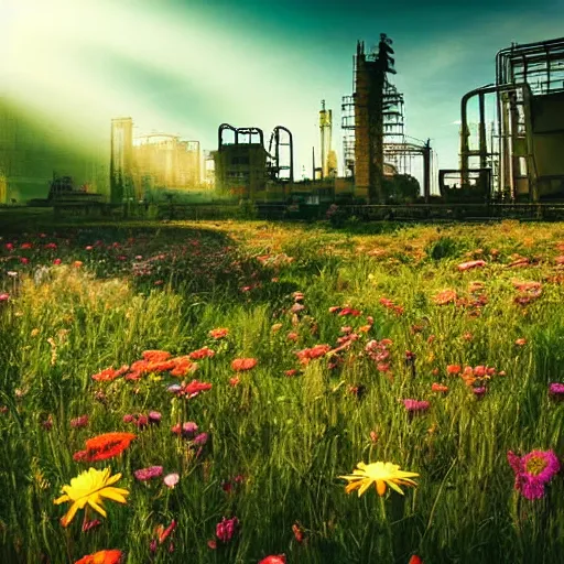 Prompt: a beautiful meadow, flowers, butterflies, surrounded by dirty industrial buildings, cinematic light, god rays, fantasy landscape,