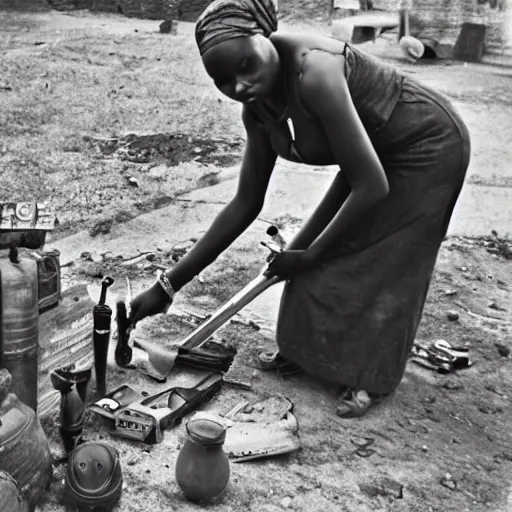 Image similar to photo of beautiful African woman inspecting laser gun, tools and junk on the ground,wires with lights, old village in the distance, vintage old photo, black and white, sepia