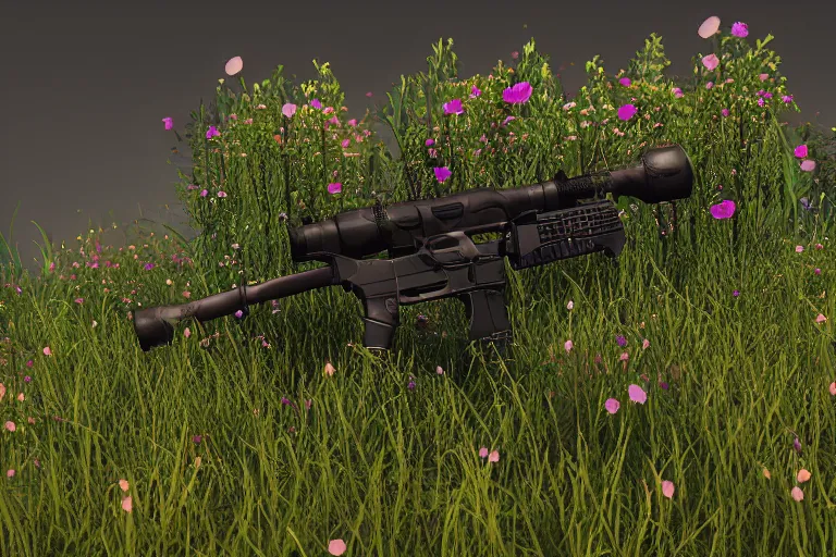 Image similar to overgrown with flowers heckler & koch mp 7 ai. octane render. substance painter painter. black, matte metal. flower field. strong light with dabbled shadows. photoreal.