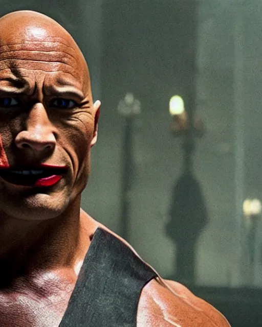 Prompt: Film still close-up shot of Dwayne The Rock Johnson as The Joker from the movie The Dark Knight