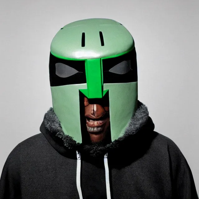 Image similar to a close-up black-and-white studio portrait of MF Doom wearing his mask and a plaid green and white ushanka hate. Madvillain album cover