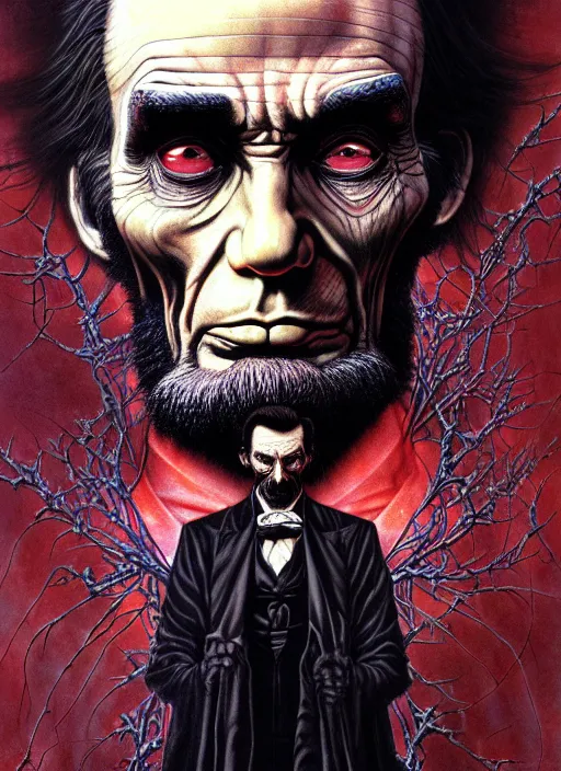 Prompt: realistic detailed image of Abe Lincoln as Dracula, by Ayami Kojima, Amano, Karol Bak, Greg Hildebrandt, and Mark Brooks, Neo-Gothic, gothic, rich deep colors. Beksinski painting. art by Takato Yamamoto. masterpiece. ultra details, high quality, high resolution .