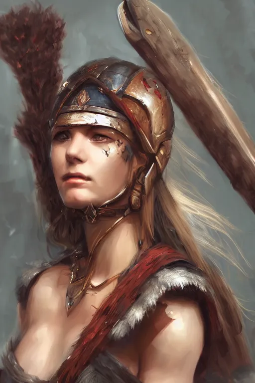 Image similar to head and shoulders focus portrait of a barbarian female high quality focus by wlop and rosstran