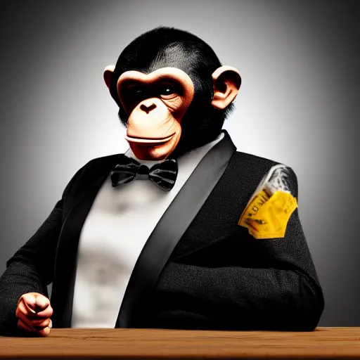 Image similar to A chimp wearing a tuxedo, smoking a cigar, holding cash. GTA style, dark background, studio lighting