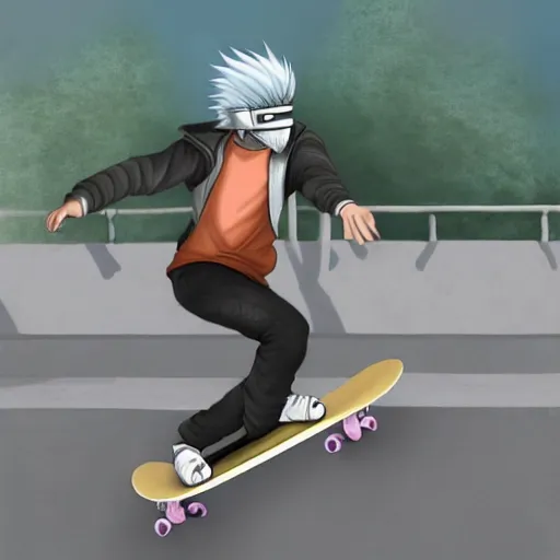 Image similar to kakashi at a skatepark, 8k, fully detailed, cinematic lighting, professional digital painting, kickflip,