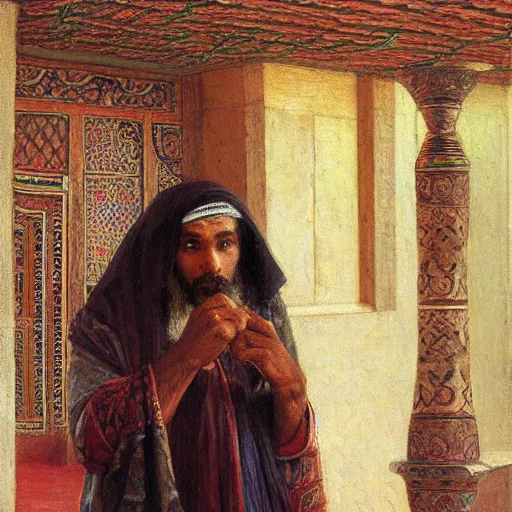 Image similar to a man with somali facial features, long curly hair, on a simple background, inside a masjid, by frederick arthur bridgman