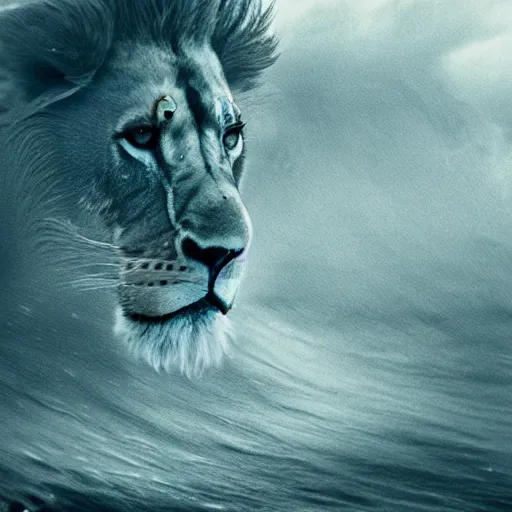 Image similar to a male lion's face breaching through a wave, stormy weather, ocean sprites, closeup of face, trending on artstation, dark lighting, face encircled by ocean wave