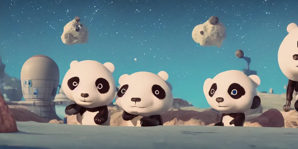 Image similar to cute cartoon panda monsters standing by a rocket ship at night, still from a Wes Anderson film, cinematic, trending on artstation, highly detailed, scene from a movie, soft lighting, 8k