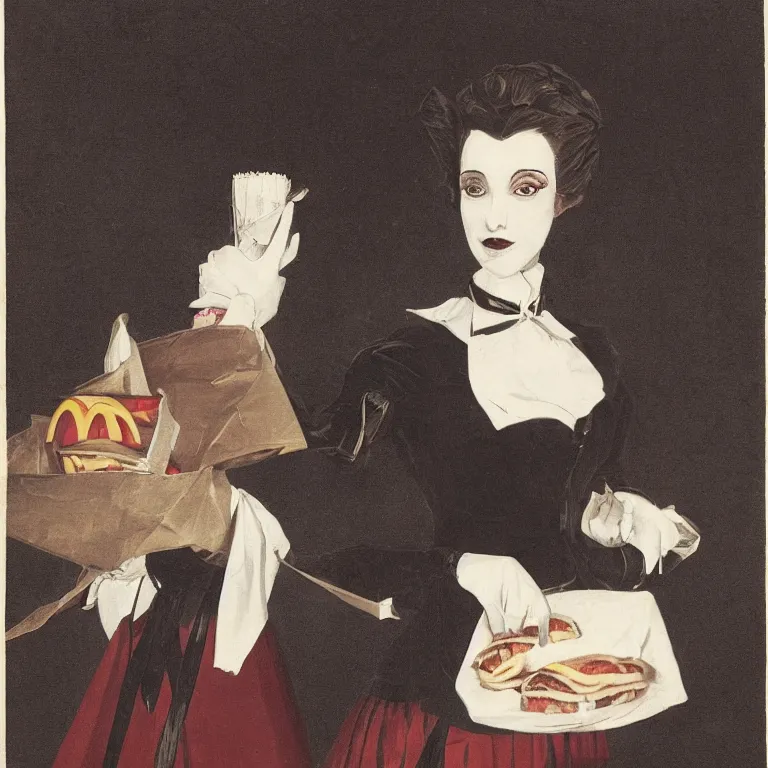 Prompt: portrait of a beautiful and grim vampire queen wearing a mcdonalds uniform serving customers by William-Adolphe Bouguerea