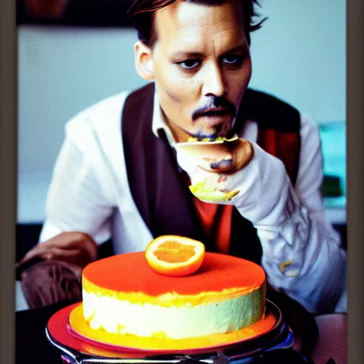 Image similar to johnny depp eating orange cake coloured film photography, 5 0 mm film