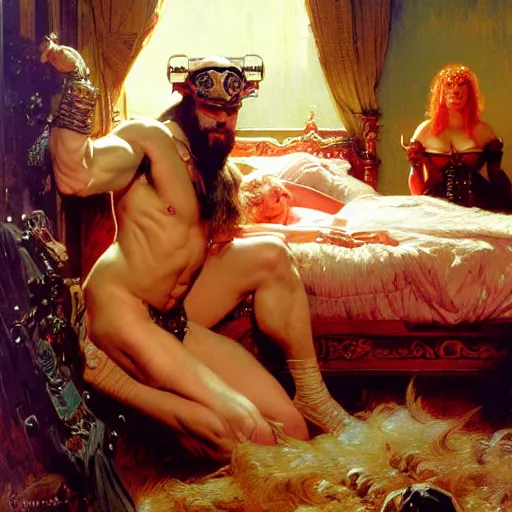 Image similar to macho man randy savage ring gear is in his bed, nervous and terrified, because miss elizaneth from hell is attacking him. highly detailed painting by gaston bussiere, j. c. leyendecker, greg rutkowski, craig mullins 8 k