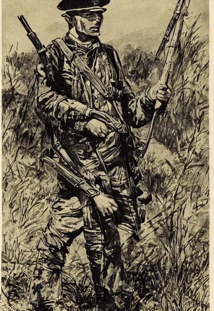 Image similar to a boer soldier in the vled holding a rifle during the anglo-boer war. 50s comic book illustration.