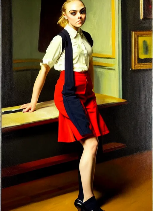 Image similar to oil painting of annasophia robb in a learning uniform, looking furious, startled, stockings, looking seductively attire by John Singer Sargent, Bryan Lee O'Malley, Edward Hopper