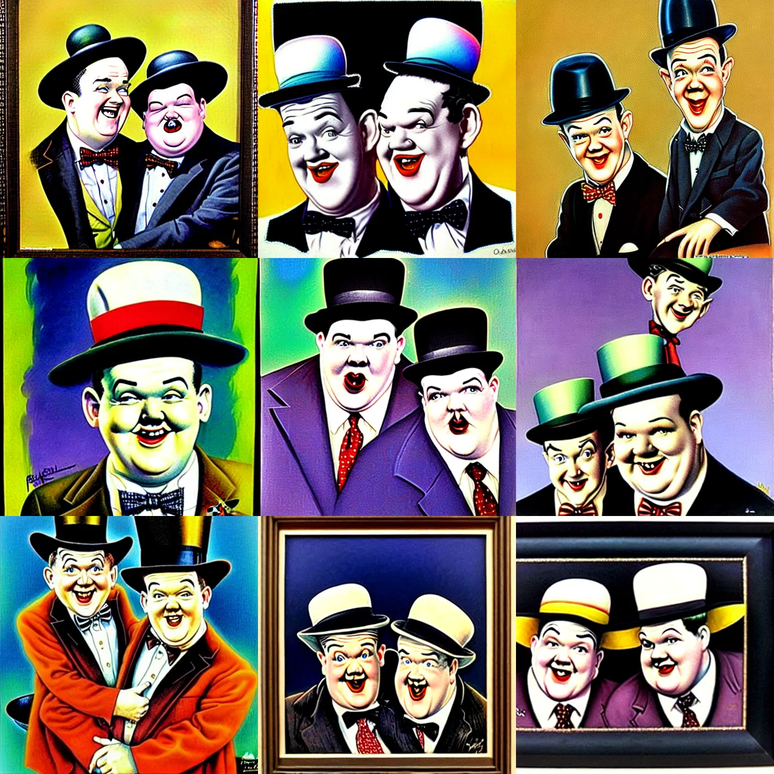 Image similar to A portrait of Stan Laurel and Oliver Hardy in hats by Frank Kelly Freas