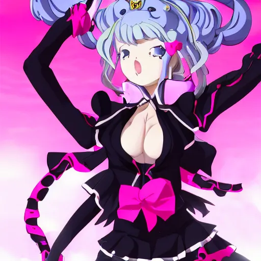 Prompt: stunningly beautiful omnipotent megalomaniacal anime goddess who looks like junko enoshima with porcelain skin, pink twintail hair and mesmerizing cyan eyes, symmetrical perfect face smiling in a twisted, mischievous, devious and haughty way while looking down upon the viewer, mid view, hyperdetailed, 2 d, 8 k