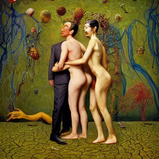 Prompt: two lovers wearing a suit made of nervous system, channeling third eye energy, surrounded by a background of cyber mystic garden of earthly delights, painted part by wojciech siudmak, part by ilya repin, part by norman rockwell, part by zhang jingna, artstation