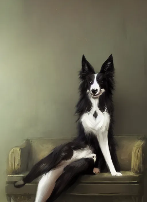 Image similar to wide angle beautiful full body portrait of a male anthropomorphic anthro border collie fursona sitting in a parlor room, character design by charlie bowater, henry asencio, and ross tran, disney, scenic background, detailed, aesthetic, trending on artstation, furaffinity, deviantart