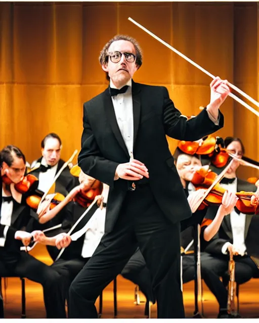 Image similar to long shot portrait of an orchestra conductor on the rostrum, symphony ensemble, baton in motion, motion blur, triadic color scheme, theatre lighting, focus on wand