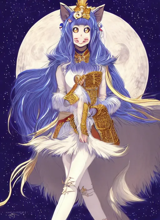 Image similar to commissioned full body portrait of a female anthro wolf princess fursona with a furry wolf head and white hair wearing a blue and gold Japanese armored dress in a white and gold palace on a starry night with a large crescent moon, by a professional manga illustrator, Stanley Artgerm Lau, WLOP, Rossdraws, James Jean, Andrei Riabovitchev, Marc Simonetti, and Sakimichan, trending on artstation