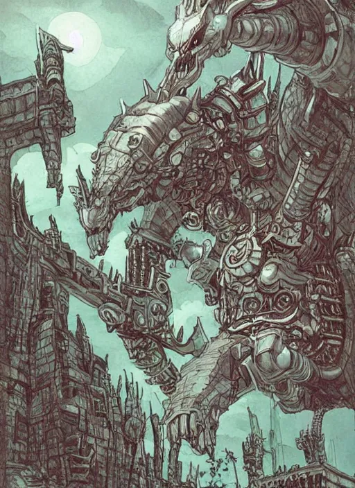 Image similar to detailed fantasy comic book drawing of a ( giant mechanical dragon ) over a ( stronghold castle ) by dariusz zawadski and simon stalenhag, simon bisley!, jack kirby!!! and gris grimly, cinematic, epic, awesome color palette, hard contrast, ink outlines