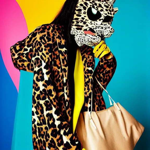 Prompt: model in plastic leopard mask wearing baggy colorful 9 0 s jacket by rick owens. magazine ad. pastel brutalist background.