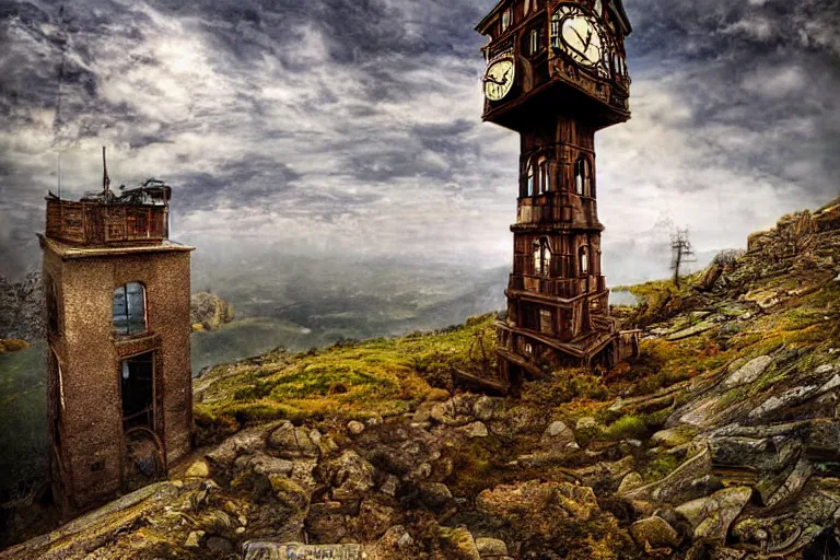 Image similar to the impossible clock tower on the top of a mountain, steampunk art, digital art, wide angle view