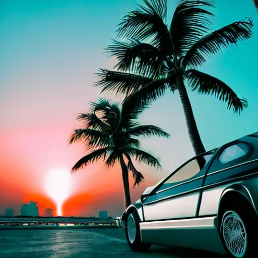 Prompt: miami beach sunset vapor wave palm trees 80s synth retrowave delorean close up ultra detail contrast specular metal car door chrome