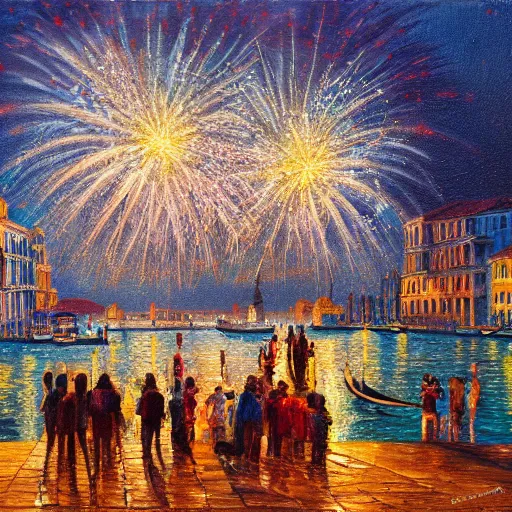 Image similar to an oil painting of fireworks, with happy people in venice