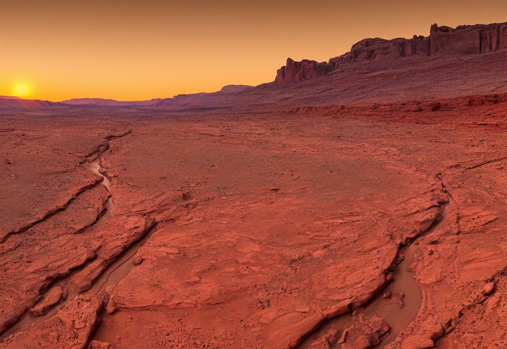 Image similar to a dried up river bend running through a canyon surrounded by desert mountains at sunset on mars, planet mars, moab, utah, a tilt shift photo by frederic church, trending on unsplash, hudson river school, photo taken with provia, national geographic photo