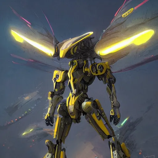 Prompt: A mecha named dragonfly because it looks like a dragon fly with yellow eyes, Illustration, By Greg Rutkowski