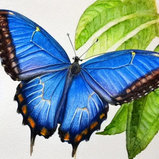 Prompt: A realistic watercolour painting of a blue morpho, fine detail, washed out background