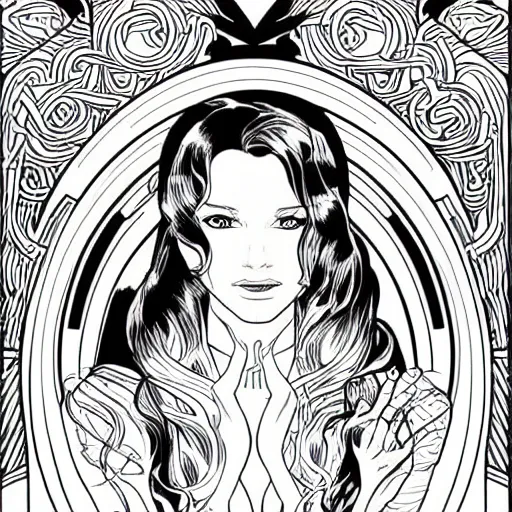 Prompt: clean simple line art of a woman. no background. well composed, clean black and white line drawing, beautiful detailed face. illustration by josan gonzalez and steve ditko and alphonse mucha