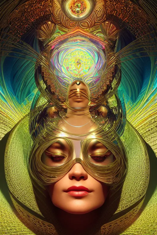 Prompt: a centered render of an alluring goddess wearing a psychedelic mask surrounded by a glorious sacred energy made from geometry and spiral mandel bulb fractals, powerful, cinematic, beautifully lit, by artgerm, by karol bak, 3 d, trending on artstation, octane render, 8 k