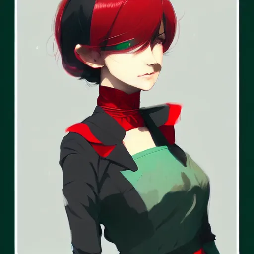 Image similar to elegent girl with gray hair and green eyes, wearing a red and black color dress, in the style of and ilya kuvshinov and greg rutkowski, high quality anime artstyle, intricate