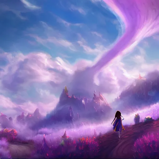 Image similar to landscape of an alice and wonderland themed landscape, purple clouds look the sky, dynamic lighting, fantasy concept art, trending on art station, stunning visuals, creative, cinematic, ultra detailed