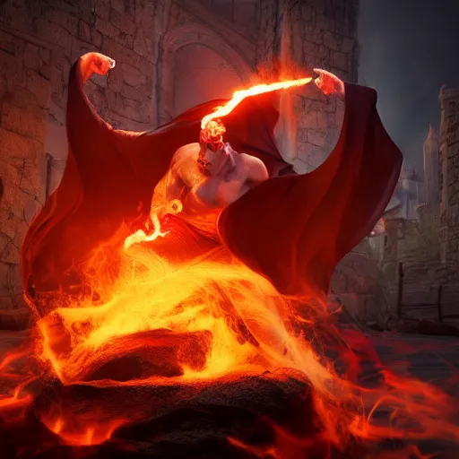 Image similar to fire mage casting pyroblast, realistic 8 k professional photography, midday lighting, defiant, octane, volumetric lighting, 7 0 mm,