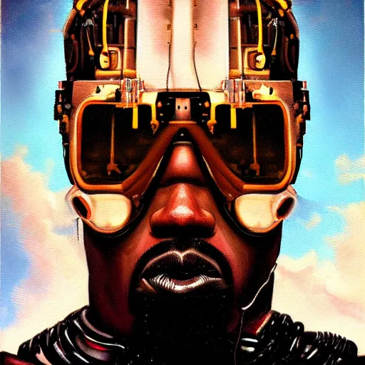 Image similar to a realistic oil painting of a cybernetic kanye west cyborg, surrealism portrait, post apocalyptic album cover