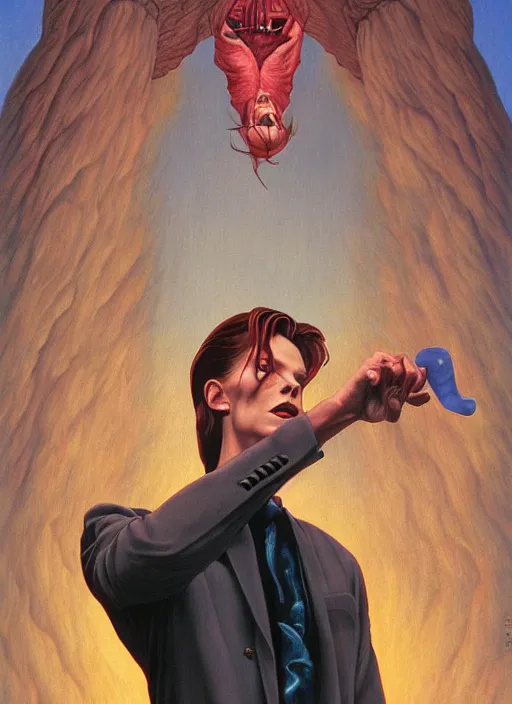 Prompt: twin peaks poster art, portrait of david bowie fights off the temptation for human instrumentality, by michael whelan, rossetti bouguereau, artgerm, retro, nostalgic, old fashioned