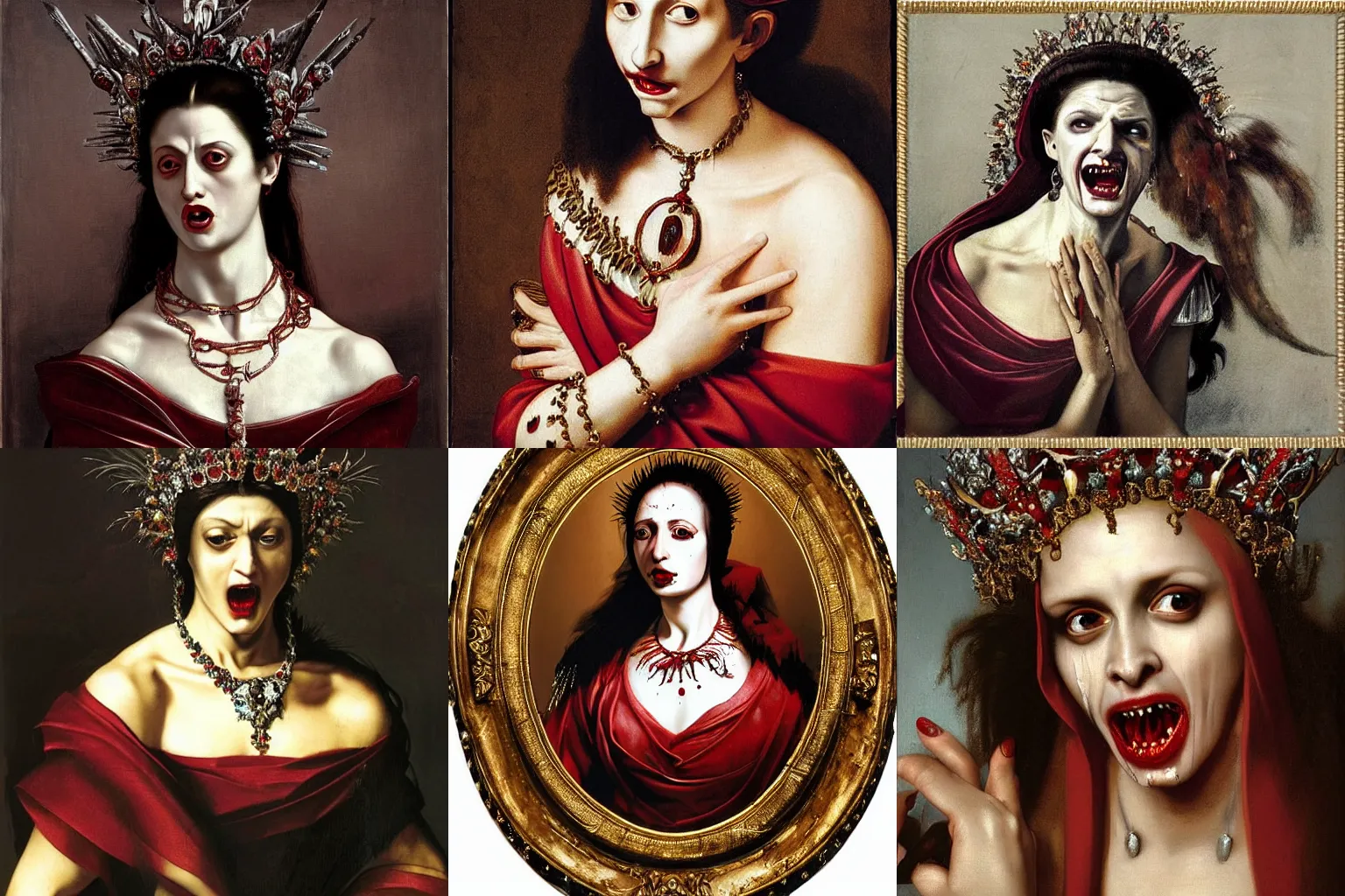 Prompt: A extremely highly detailed majestic hi-res beautiful immaculate head and shoulders painting of a angry, bloody vampire woman with fangs, filled with hatred and rage, crying tears of red blood wearing a long royal red silk dress, the crown jewels is on her head and around her neck is a ornate golden necklace decorated with diamonds and rupees smiling by Michelangelo Merisi da Caravaggio, high detail, hyperrealistic, photorealistic, octante render, cinematic, high textures, royaltly, royal, hyper sharp, 4k insanely detailed and intricate, hypermaximalist, 8k, hyper realistic, super detailed, 4k HDR hyper realistic high,