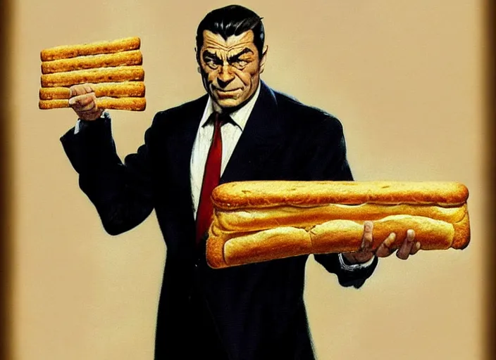 Prompt: magic : the gathering fantasy character concept art of the great businessman by frank frazetta, high resolution. a clear portrait of powerful, business man wearing a business suit, holding a wad of money made out of bread, bread bucks, bread shaped like dollar bills, magical bread and toast money swirling around, fantasy coloring, intricate, digital painting, artstation, smooth, sharp focus