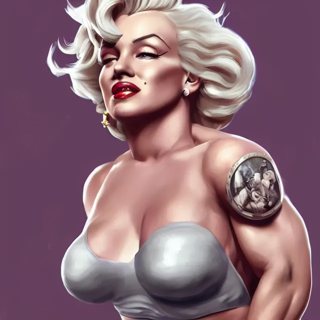 Image similar to detailed portrait of marilyn monroe as a female bodybuilder zarya from overwatch, attractive, beautiful, fantasy, intricate, elegant, highly detailed, digital painting, artstation, concept art, matte, sharp focus, illustration, art by aenaluck, artgerm and roberto ferri and greg rutkowski, epic fantasy, digital painting