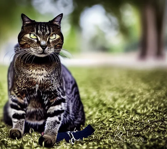 Prompt: award winning 5 5 mm portrait photo of an admiral cat in full military outfit and aviators, in a park by luis royo. soft light. sony a 7 r iv