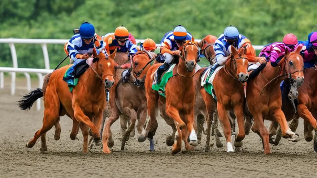 Prompt: a horse race with bengal cats as jockeys, colorful